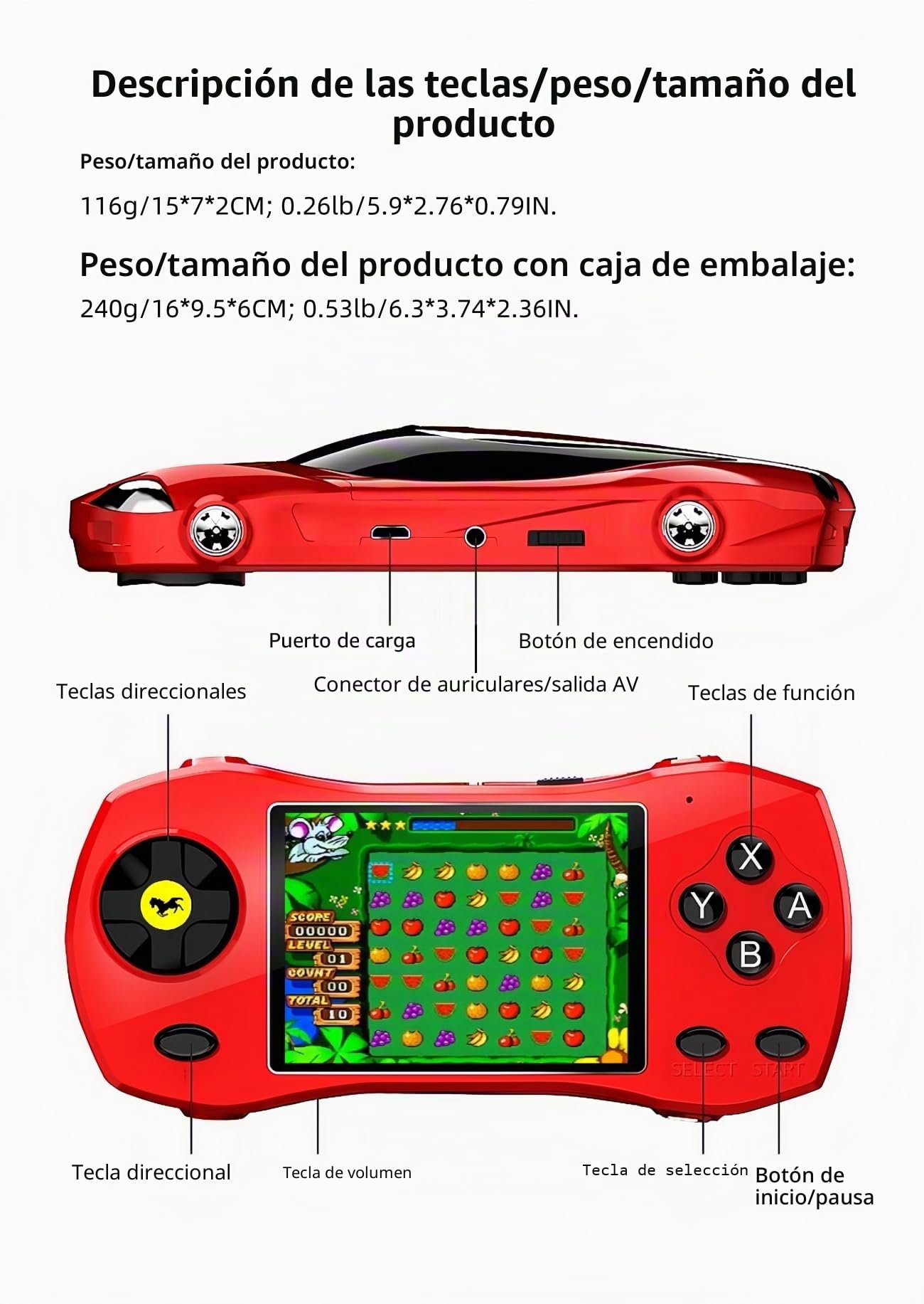 JXD 3.0" HD Consola de Videojuegos Portátil para Niños Diseño de Coche Deportivo 250 Juegos de 64 bits Preinstalados Conectable a TV Juego de Rompecabezas Retro niños Ideal para Regalar