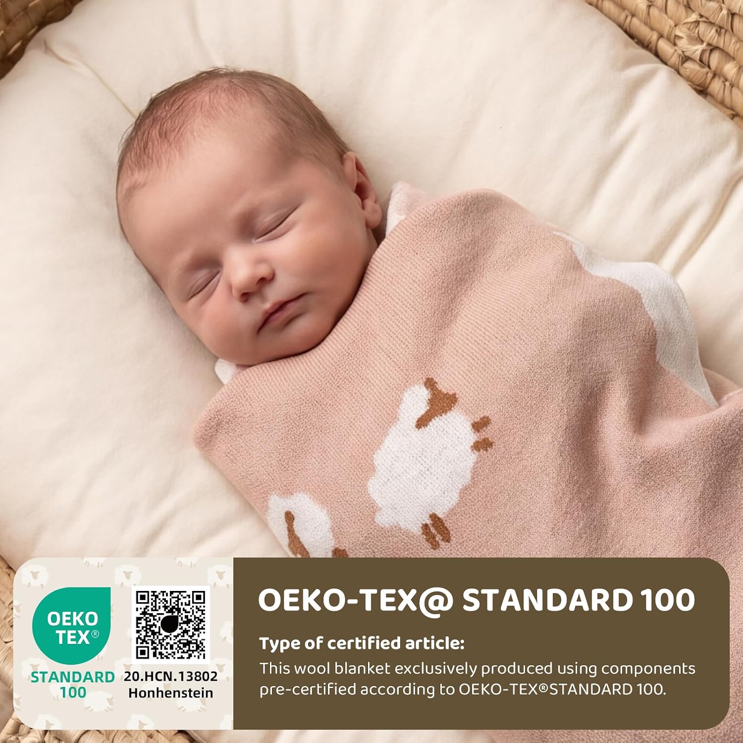 Luxe Merino Wool Cotton Baby Blanket Ultra-Soft, Temperature-Regulating Swaddle Blanket for Newborns, Receiving Blanket, and Nursery Throw 29.5" x 37.4", Machine Washable