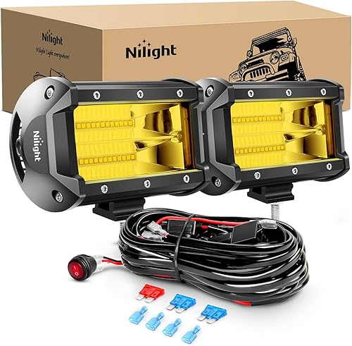 Nilight - Barra de luz LED ZH304, 2 unidades, 5 pulgadas, 72 W, 10800 lúmenes, luz amarilla de inundación, luces todoterreno con kit de arnés de