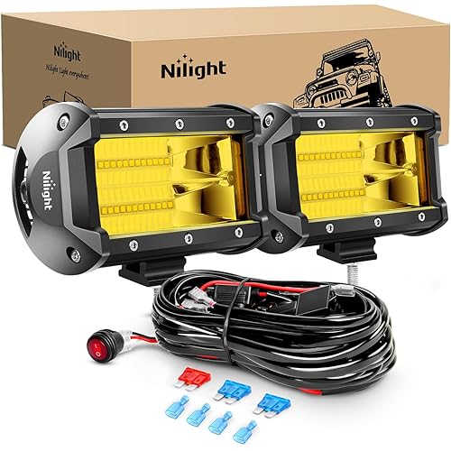 Nilight - ZH304 Led Light Bar 2PCS 5Inch 72W 10800Lumens Yellow Flood Beam Fog Driving Lamps Off-Road Lights with 16AWG Wiring Harness Kit-2 Lead, 2 Year warranty