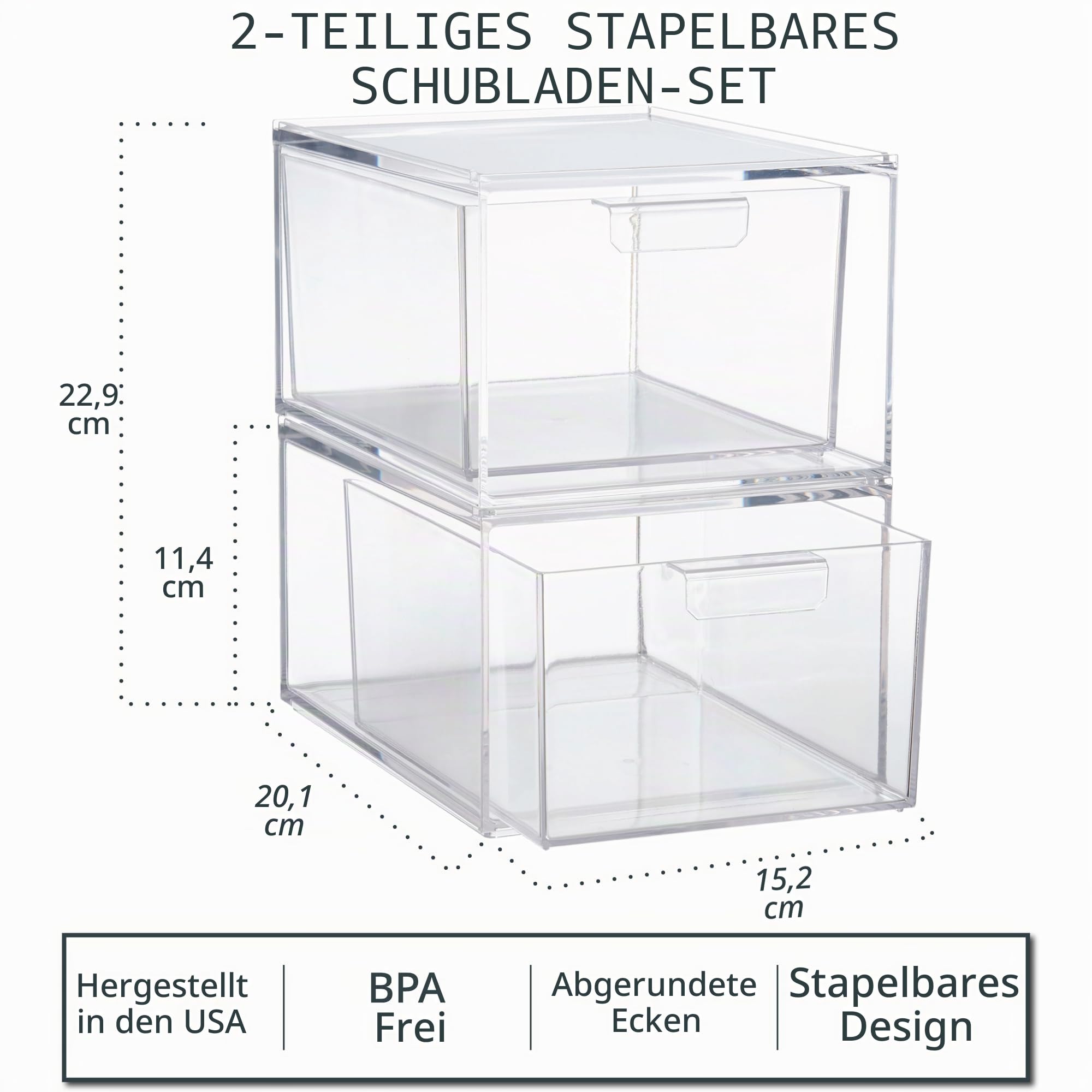 STORi Audrey stapelbare transparente Kunststoff-Organizer-Schubladen, 2-teiliges Set zum Organisieren von Kosmetik- und Schönheitsartikeln auf einem Schminktisch, hergestellt in den USA