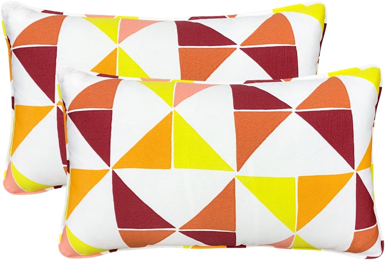 Fabritones Pack of 2 Outdoor Waterproof Decorative Lumbar Pillows with Inserts for Patio Furniture, 20x12 Inch Fade Resistant Patio Garden Lumbar Cushions for Couch Bed Sofa, Triangular Multi