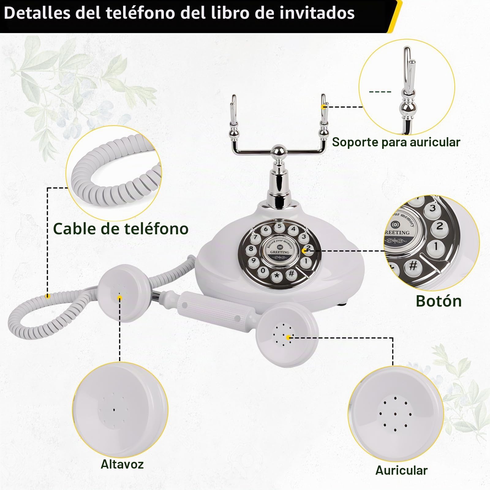 Teléfono libro de invitados de audio para boda, graba mensajes de audio personalizados con teléfono retro libro de invitados de audio para boda, fiesta de cumpleaños, confesión, color blanco