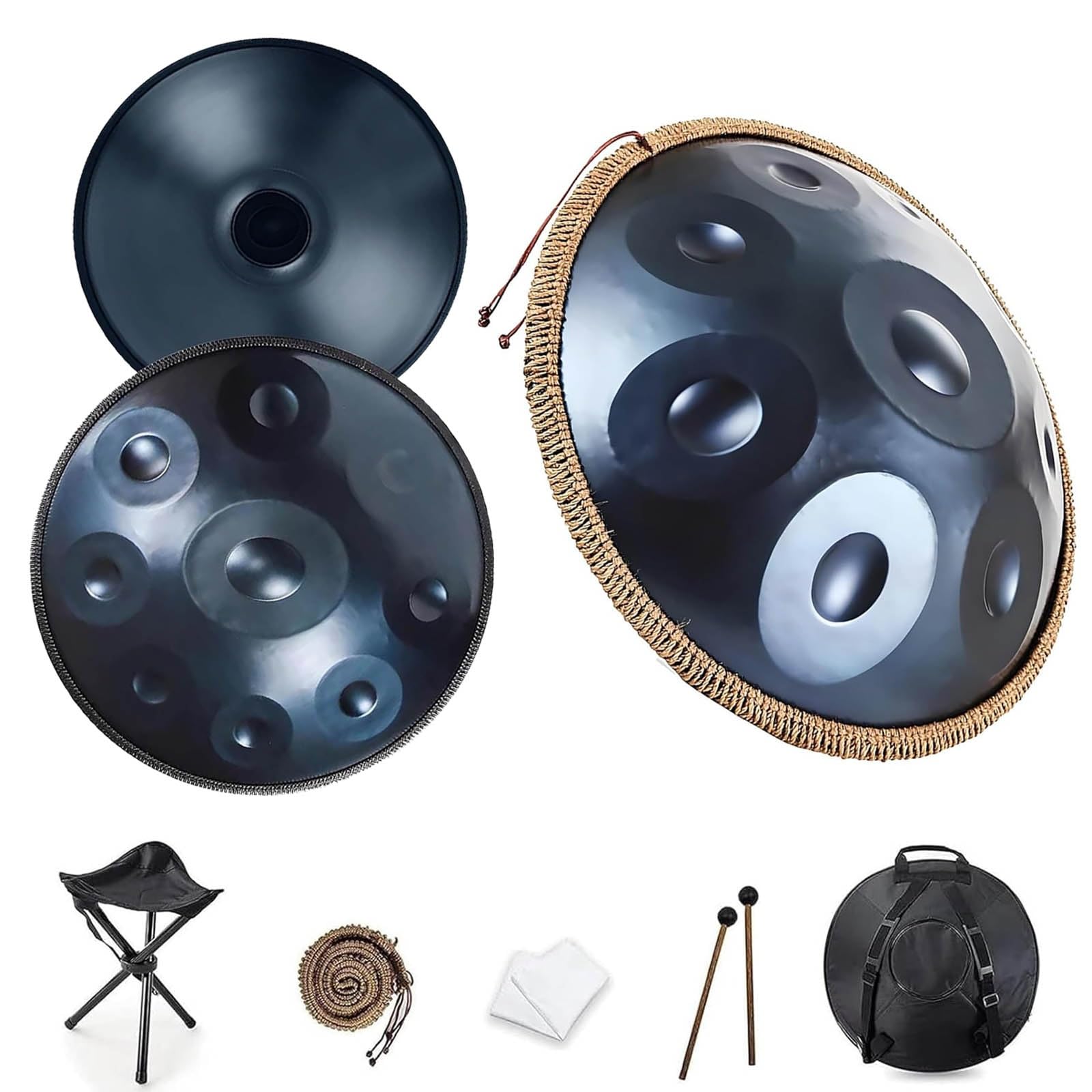 Handpan Tamburo a Mano Strumento a Percussione 432Hz Re Minore 9 Note – Tamburo in Acciaio 22 Pollici con Bacchette e Supporto per Meditazione Yoga e Principianti(blu,432HZ/12Note)