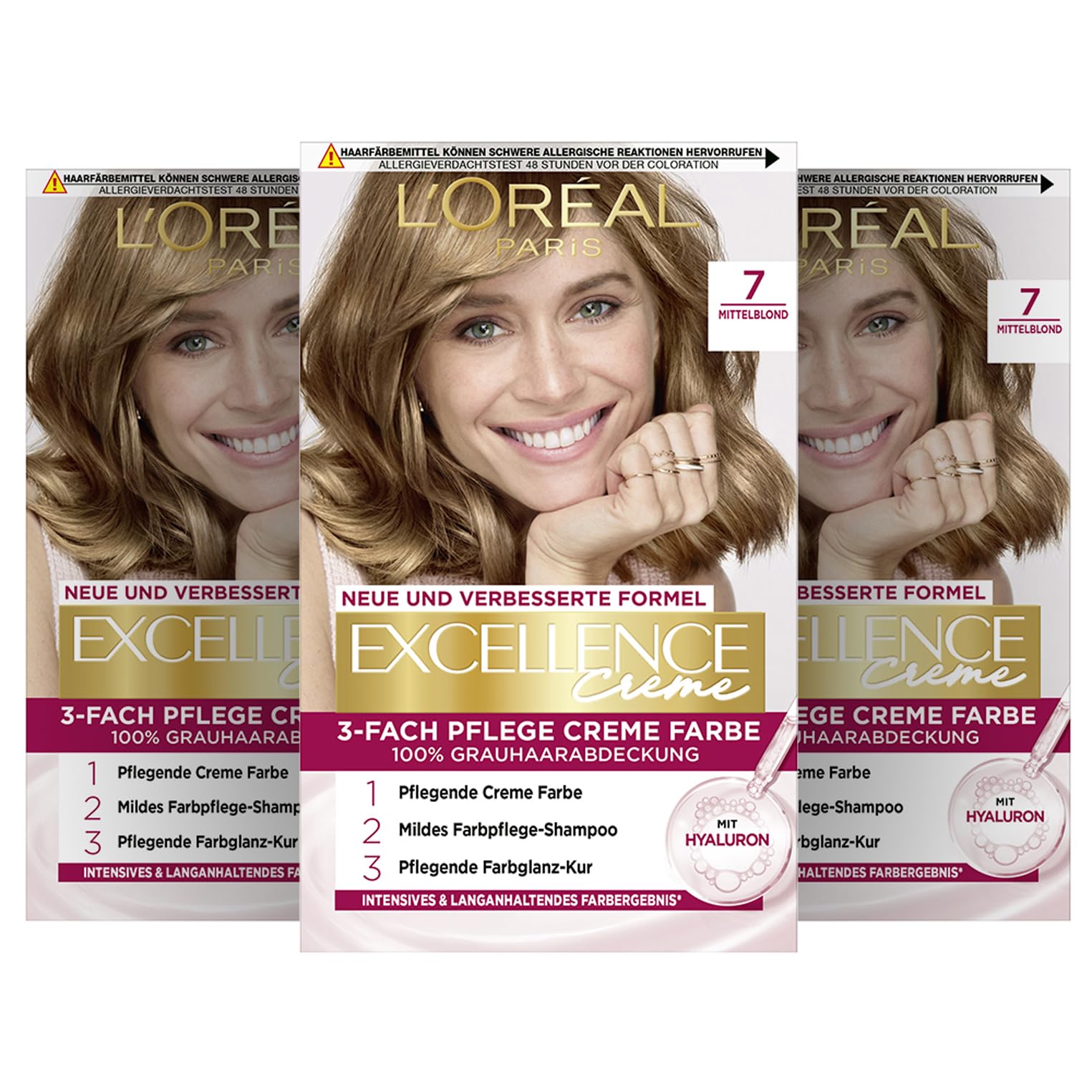 L'Oréal Paris Permanente Haarfarbe, 100% Grauhaarabdeckung, Haarfärbeset mit Coloration, Shampoo und 3-Fach Pflege Creme Farbe, Excellence Creme, 7 Mittelblond, 3 x 268 g