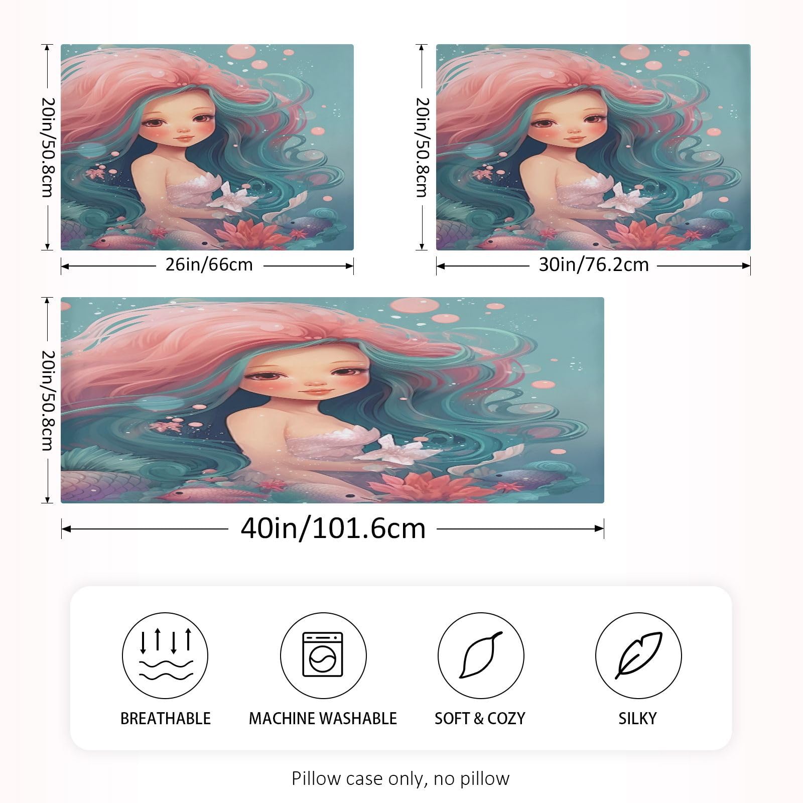 FLildon Satin Pillowcase Pink Mermaid Girl Pillow Cases Soft Silky for Hair and Skin with Envelope Closure, Queen Size, 1 Pack