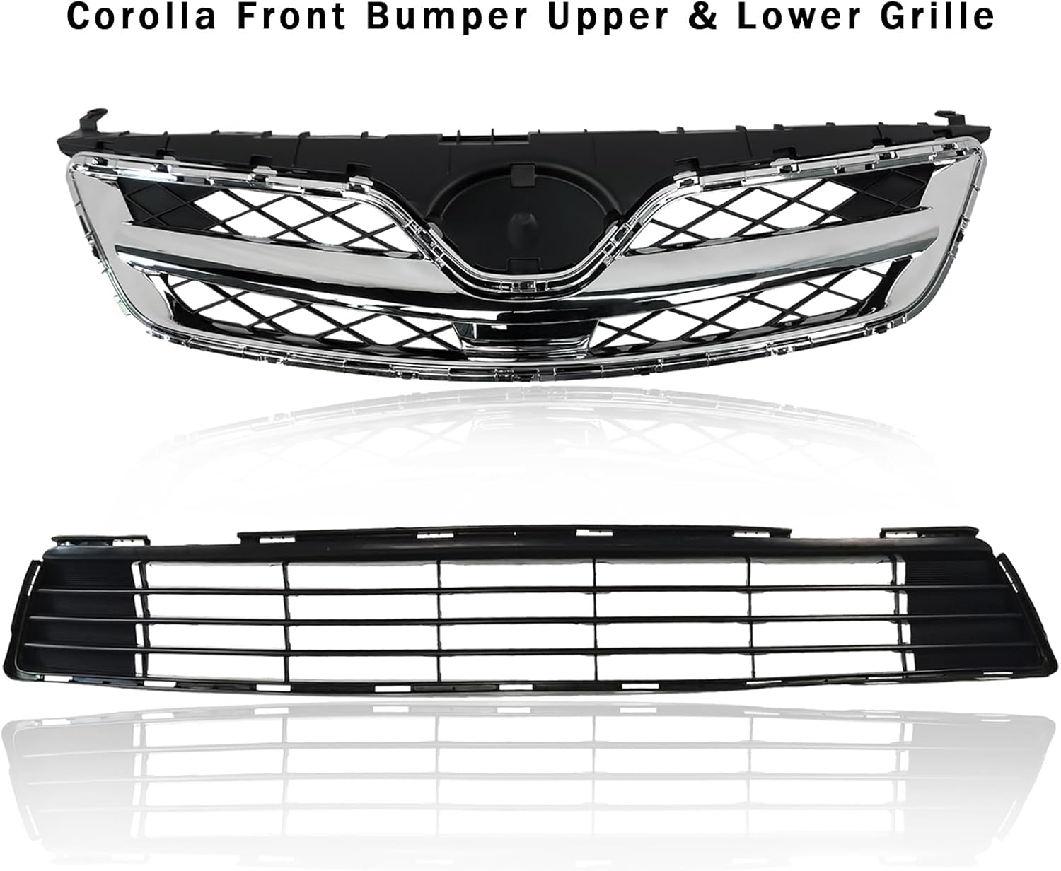 Front Bumper Upper & Lower Grille Assembly Fit For 2011 2012 2013 Toyota Corolla Air Intake Grille Grill Direct Replacement For TO1036125, TO1200340 | 5311202280, 5310002410C0 (Chrome)
