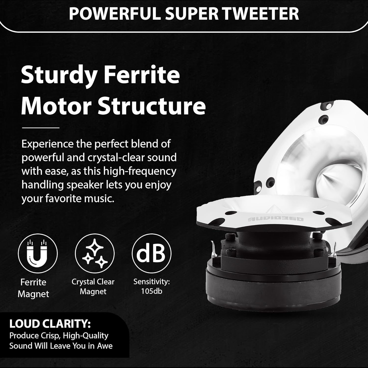 Audio360 AD36TW 4-Inch Super Tweeter Speaker, 4 Ohm, 1800W Max Power, 105dB Sensitivity, Titanium Diaphragm, CCAW Voice Coil for Pro Car Audio