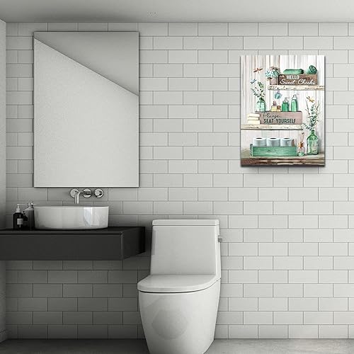 Miniatura 3 de Divertida decoración de baño, arte de pared rústico verde azulado, decoración de pared de libélula de baño, reglas de baño, pintura en lienzo,