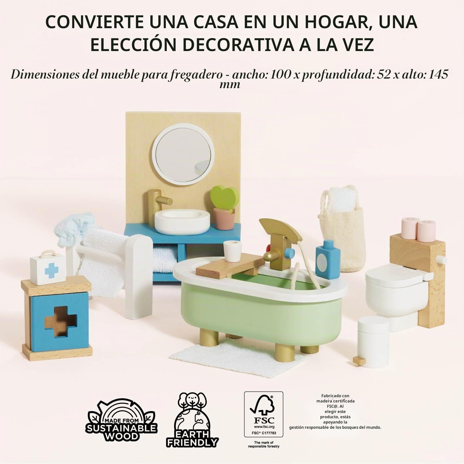 Le Toy Van - ME060 - Baño de casa de muñecas, 3 años, Juguete Educativo, Juego de Muebles de Madera de 19 Piezas, Juguetes ecológicos, Montessori, Incluye Accesorios de baño