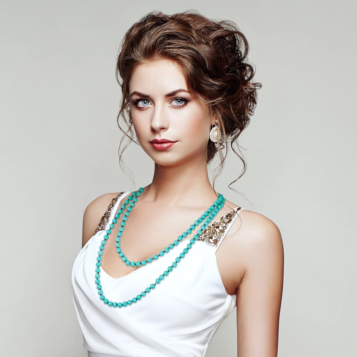 Henoyso 2 Pcs Turquoise Beads Necklace 47.5 Inch Long Endless Necklace Multi Strand Layer Knotted Homemade Jewelry
