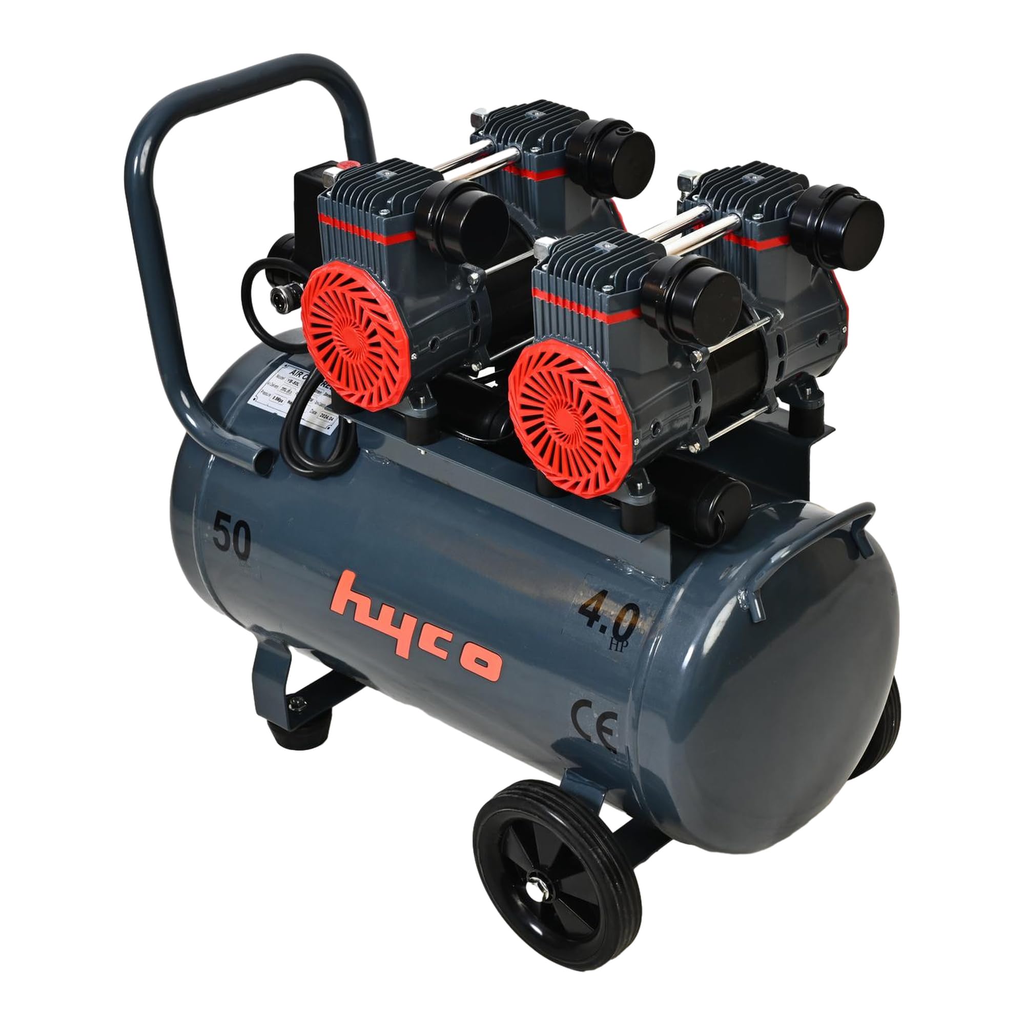 HYCO 4HP 50L Double Motor Oil Free Silent Air Compressor High Speed With Rapid Fill Technology 100% Copper Winding - Image 5 thumbnail