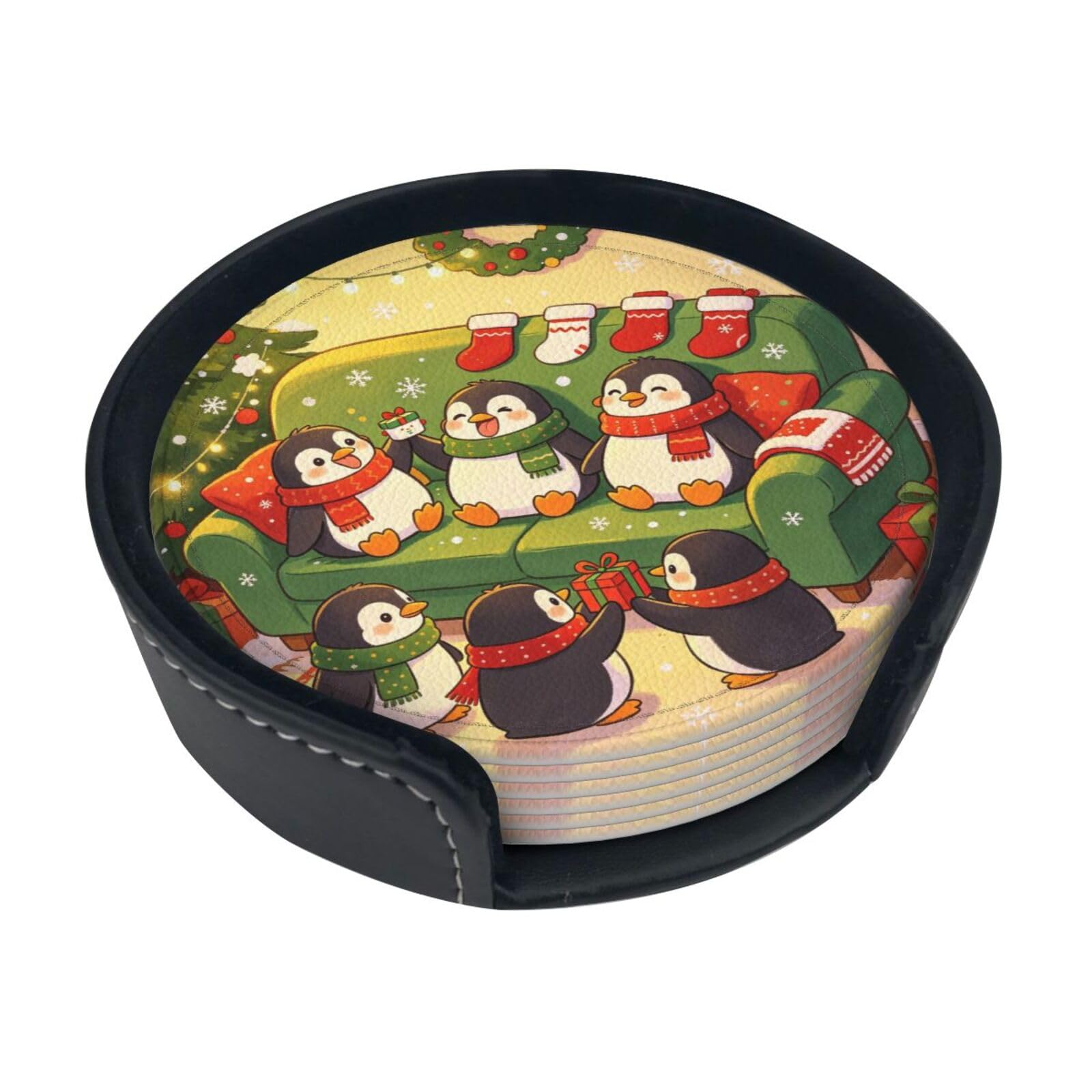 cute penguin Leather Coasters-Set of 6 with Storage Holder