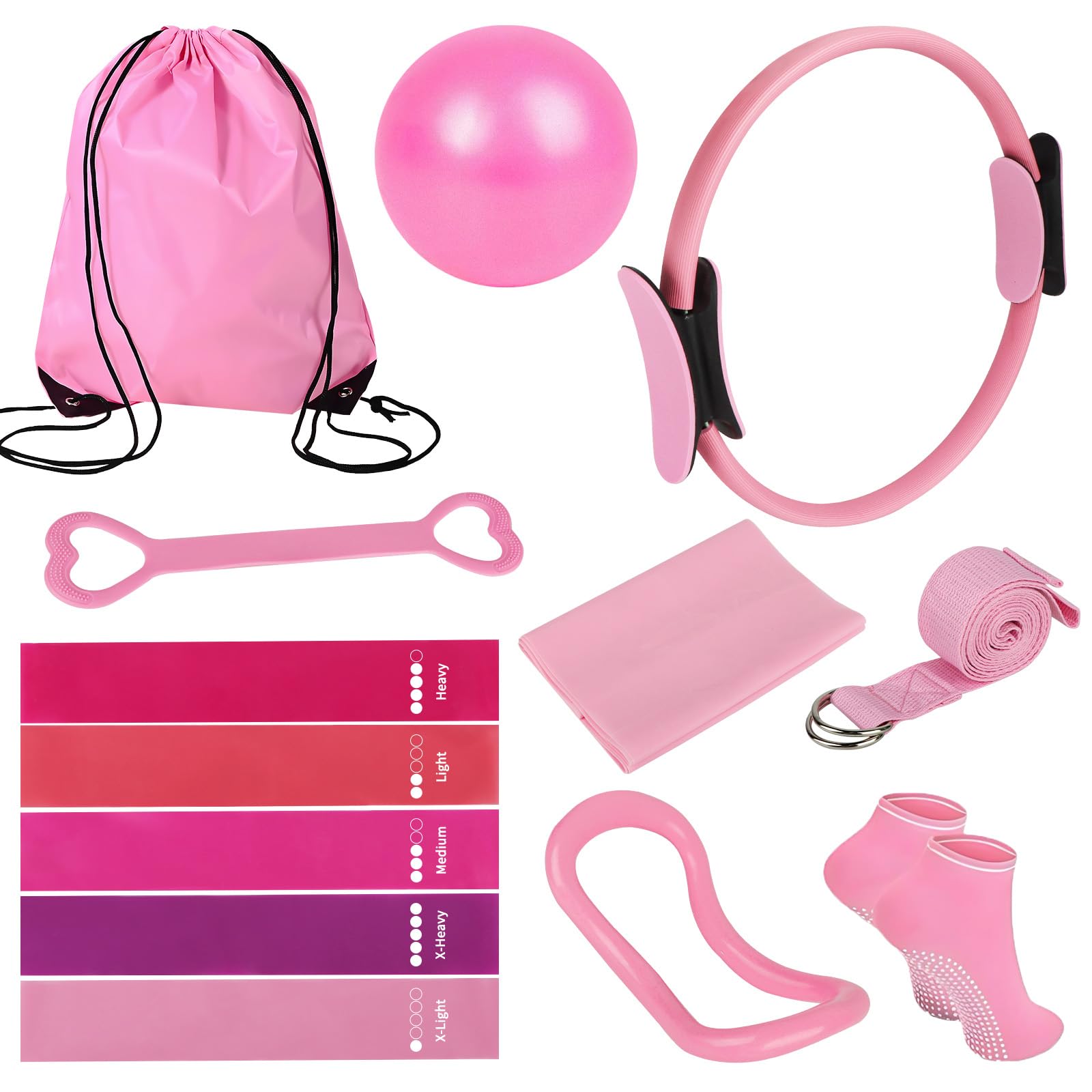 Pilates Set, 13 Teiliges Pilates Essential Kit für Frauen, Pilates Zubehör Set mit Pilates Ring, Yoga Ball, Fitnessbänder, Grip Socken, Pilates Set für Zuhause Bauch Beine Po Studio-Workout
