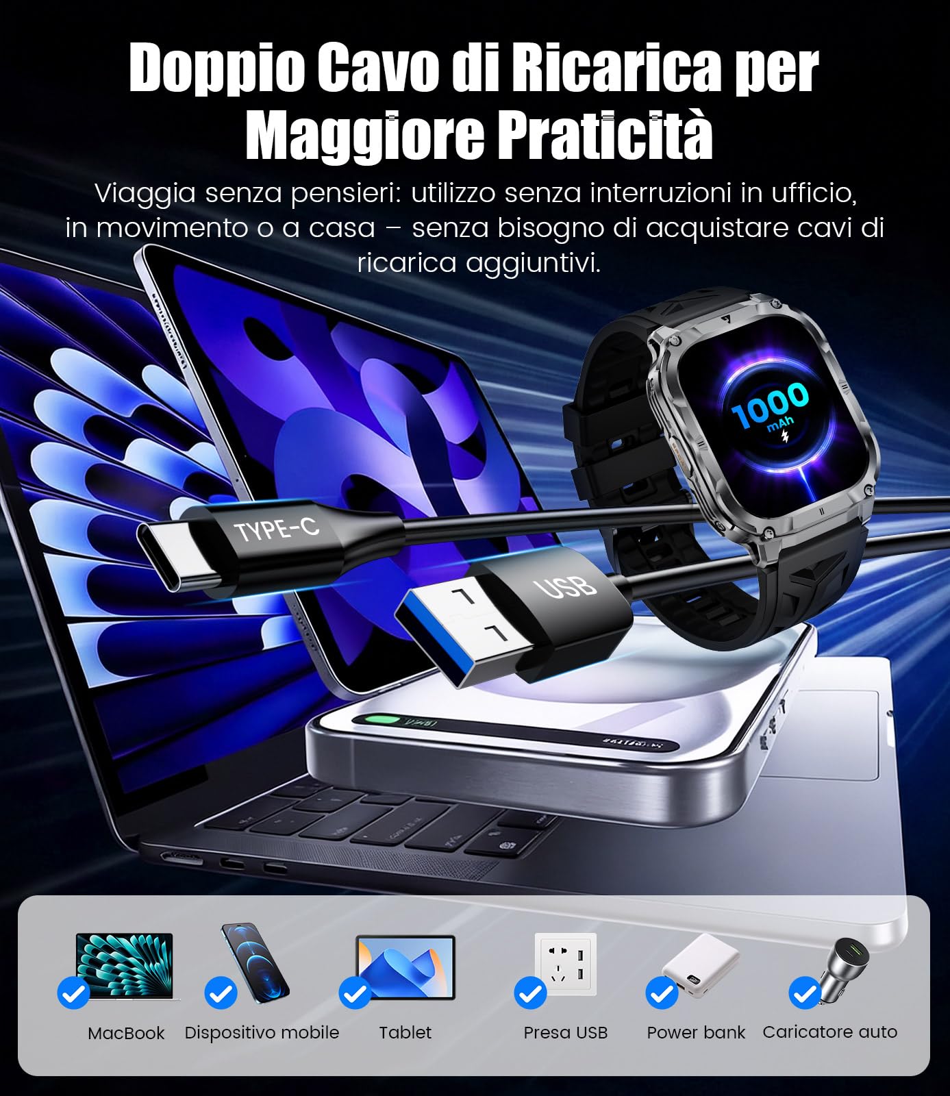 BENYAR SMART Smartwatch Uomo Militare 2.0" con Chiamate Bluetooth, 1000mAh, Torcia LED, 100+ Modalità Sportive, Monitoraggio della salute, IP68 Impermeabile, 3 Cinturini per Android iOS, Silicone
