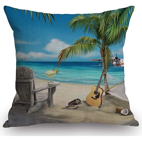 Swono Island Animals Animated Paradise Island Guitar on The Beach Cotton Linen Throw Pillow Case Home Decorative Cushion Cover for Sofa Couch Bedding 18x18 Inches