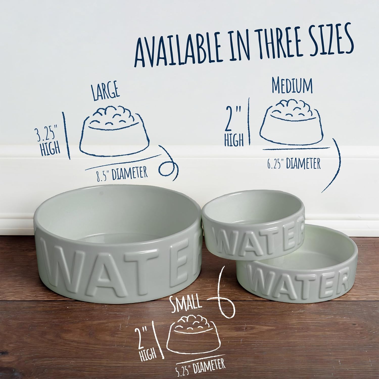 Park Life Designs Ceramic Pet Bowl – Durable Stoneware Water Bowl for Cats & Multiple Pets, Classic Style, Large, Grey