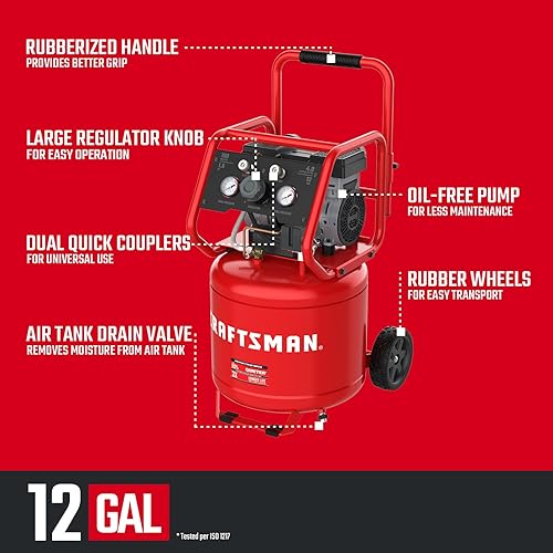 Miniatura 2 de CRAFTSMAN Compresor de aire 12 galones ultra silencioso sin aceite 1.5 HP Max 150 PSI tanque vertical portátil