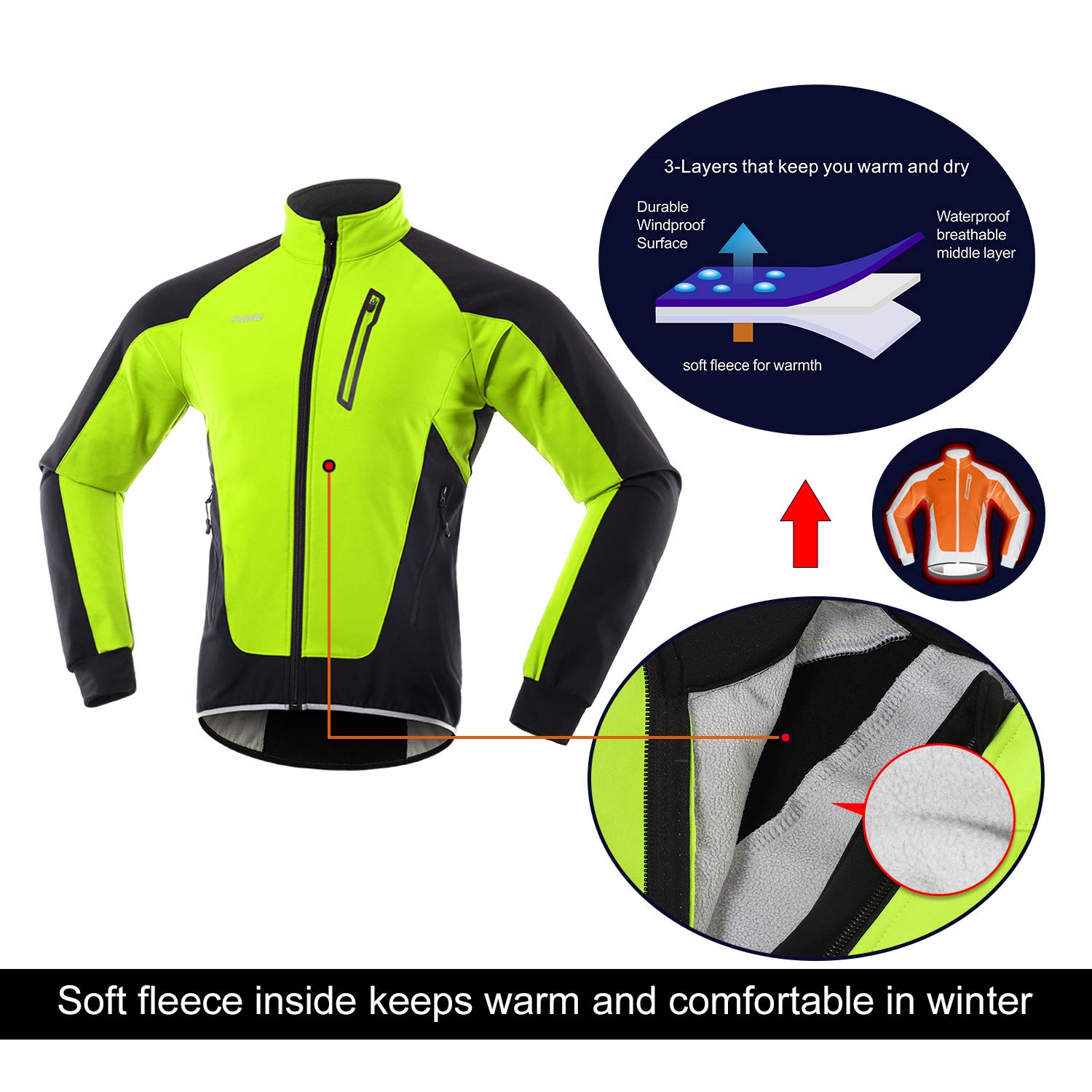 ARSUXEO Męska zimowa kurtka rowerowa, termo-włóknina, softshell, MTB, odzież wierzchnia, wiatroszczelna, wodoszczelna, 20B