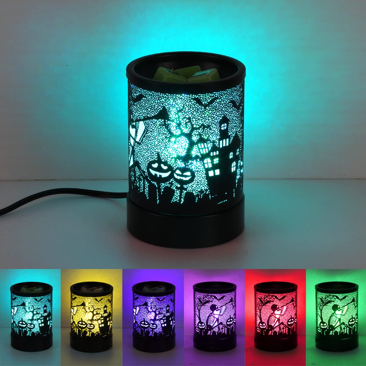 Hituiter Halloween Wax melt Metal Warmer for Scented with 7 Colors LED Changing Wax Burner Melter and Scentsy Warmer for Halloween Decorations Indoor