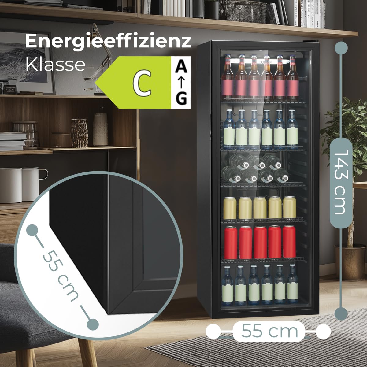 Bomann KSG 7292 Kühlschrank mit Glastür 236L Energieklasse C Getränkekühlschrank 2-12°C MultiAirflow schwarz