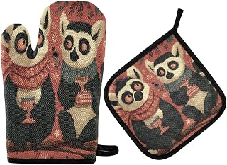 QUGRL Oven Mitts and Pot Holders Set Cute Lemurs Scarves Kitchen Oven Gloves Christmas Hot Pads Heat Resistant Handling Cooking Cookware Bakeware BBQ