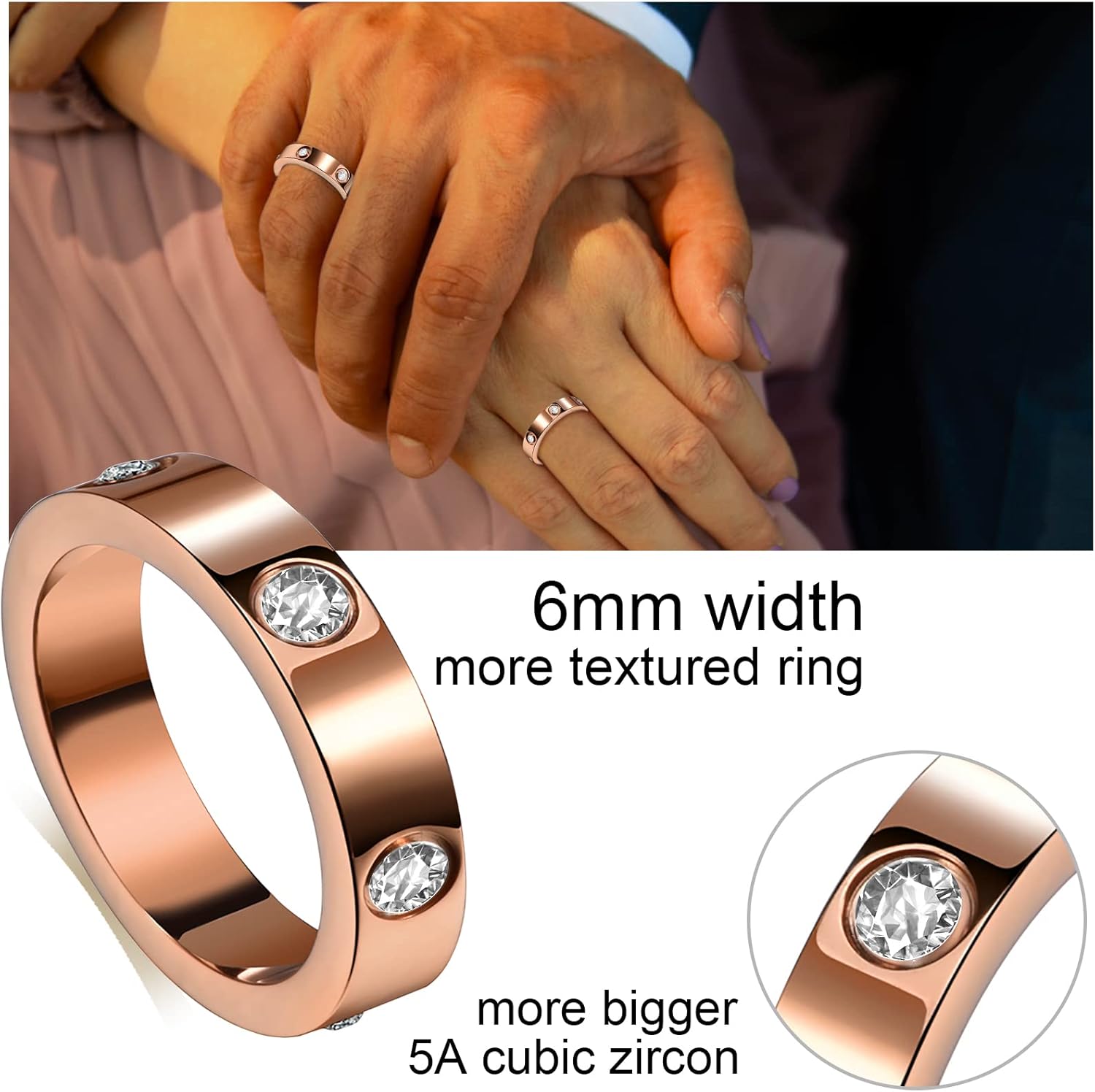 Love Friendship Rings 18K Gold Plated Silver with CZ 6mm Stainless Steel Promise Rings Wedding Band Fashion Love Rings for Her Women Valentine's Day with Gifts Box - Image 4