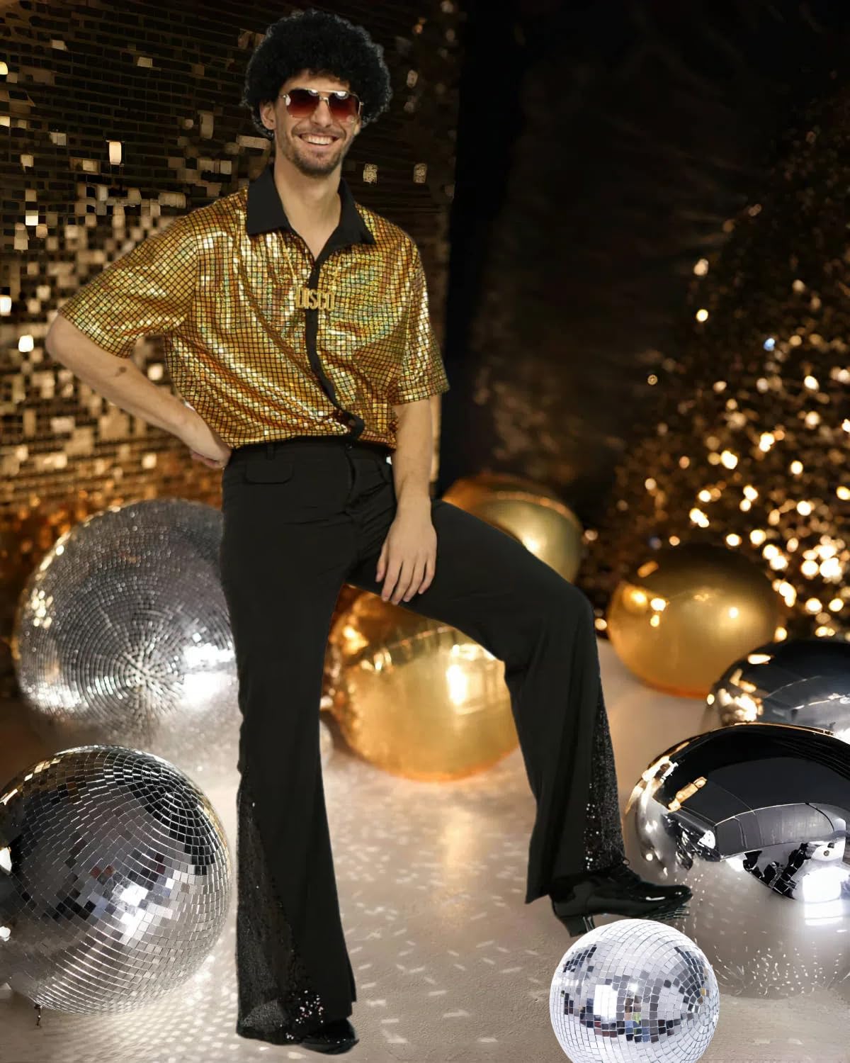 minkasic 70s Fancy Dress Mens 5PCS 70s Shirts for Men with Disco Accessories Wig Sunglasses, Fake Beard Disco Necklace - Image 2