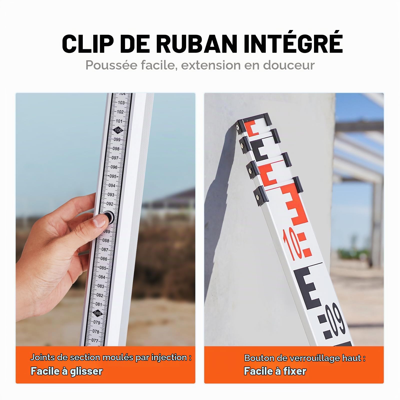 VEVOR Tige de mesure télescopique métrique 4 m, mire télescopique de mesure double face en cm/mm règle en alliage d'aluminium avec niveau à bulle et sac de transport pour mesurer maisons, murs, sols
