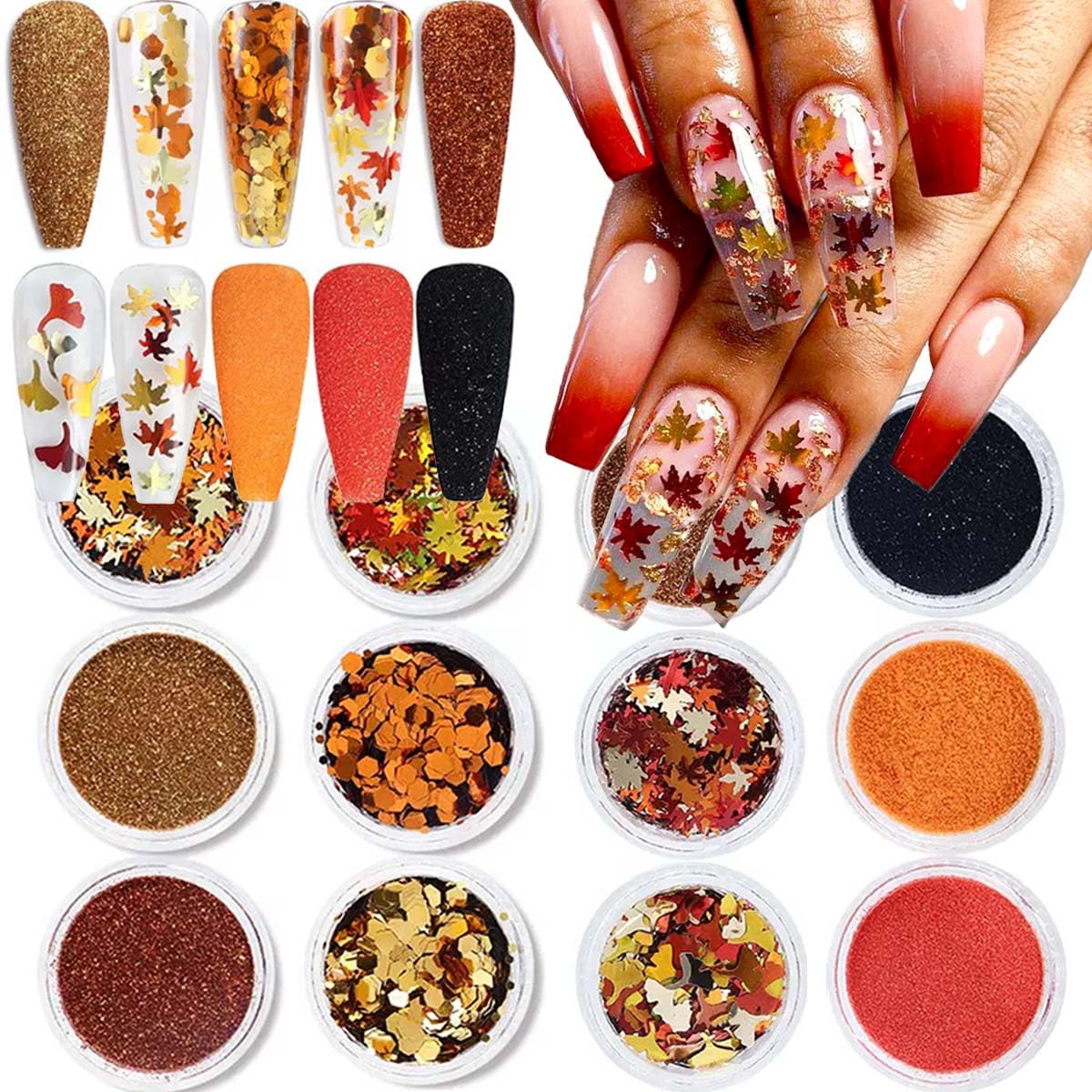 12Boxes Fall Nail Glitter Sequins Maple Leaf Nail Glitter Autumn Leaves Nail Flakes Thanksgiving Nails Glitter Powder 3D Holographic Nail Art