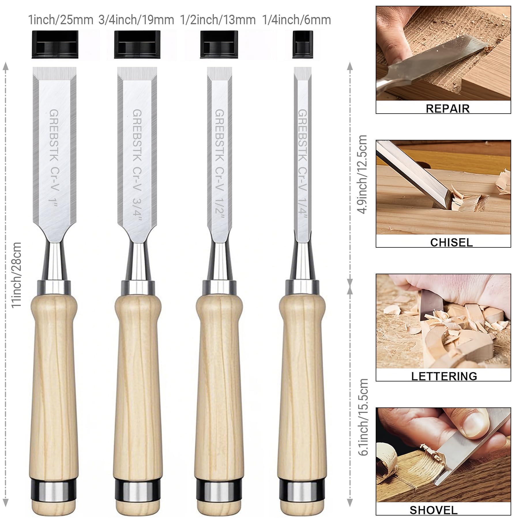 Snapklik.com : GREBSTK 4 Pcs Wood Chisel Set CRV Steel Bevel Sharp Edge ...