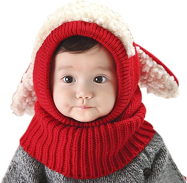 Toddlers Hat Scarf Set in One Infant Boy Girl Animal Coif Hood Cap Winter Warm Knitted Cartoon Pattern Neck Collar Head Wraps Cute Long Ears Kids Outdoor Thick Crochet Cotton Snood Shawl Xmas Gift Kit