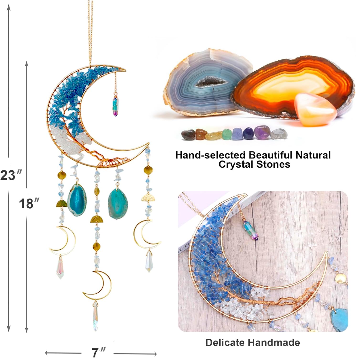 Moon Wind Chimes with Handcrafted Crystal Tree for Home Wall Decor Aesthetic, Dorm Wall Decor, Iridescent Décor, Crystal Sun Catchers, Unique Gift for Women, Teen Girl Gift