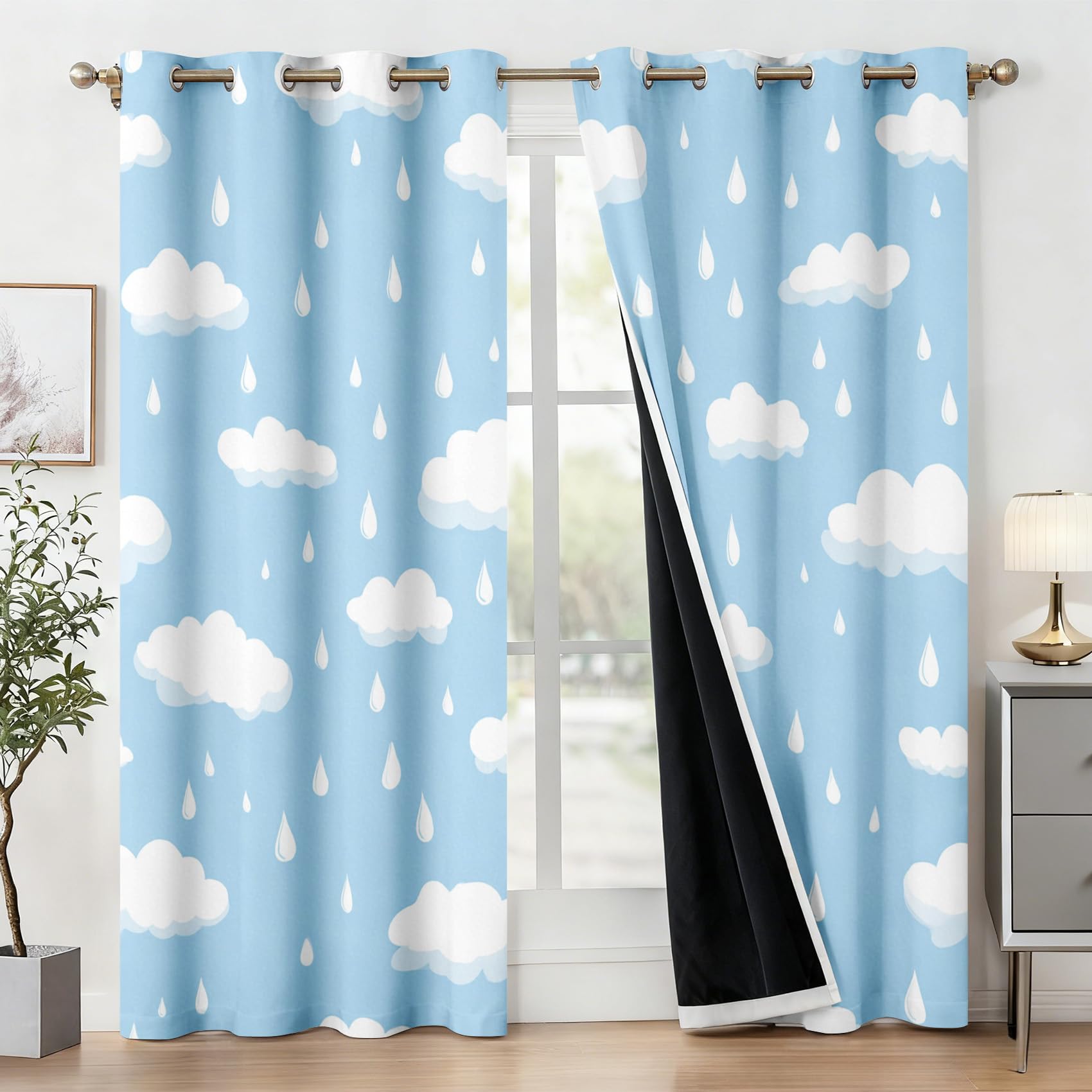 Générique Rideau Occultant Nuage, Decoration Chambre Salon, Rideaux Imprimé Motif Goutte Bleu Ciel, Lot de 2 Rideaux Thermiques à Oeillets, 75x166 cm (LxH)