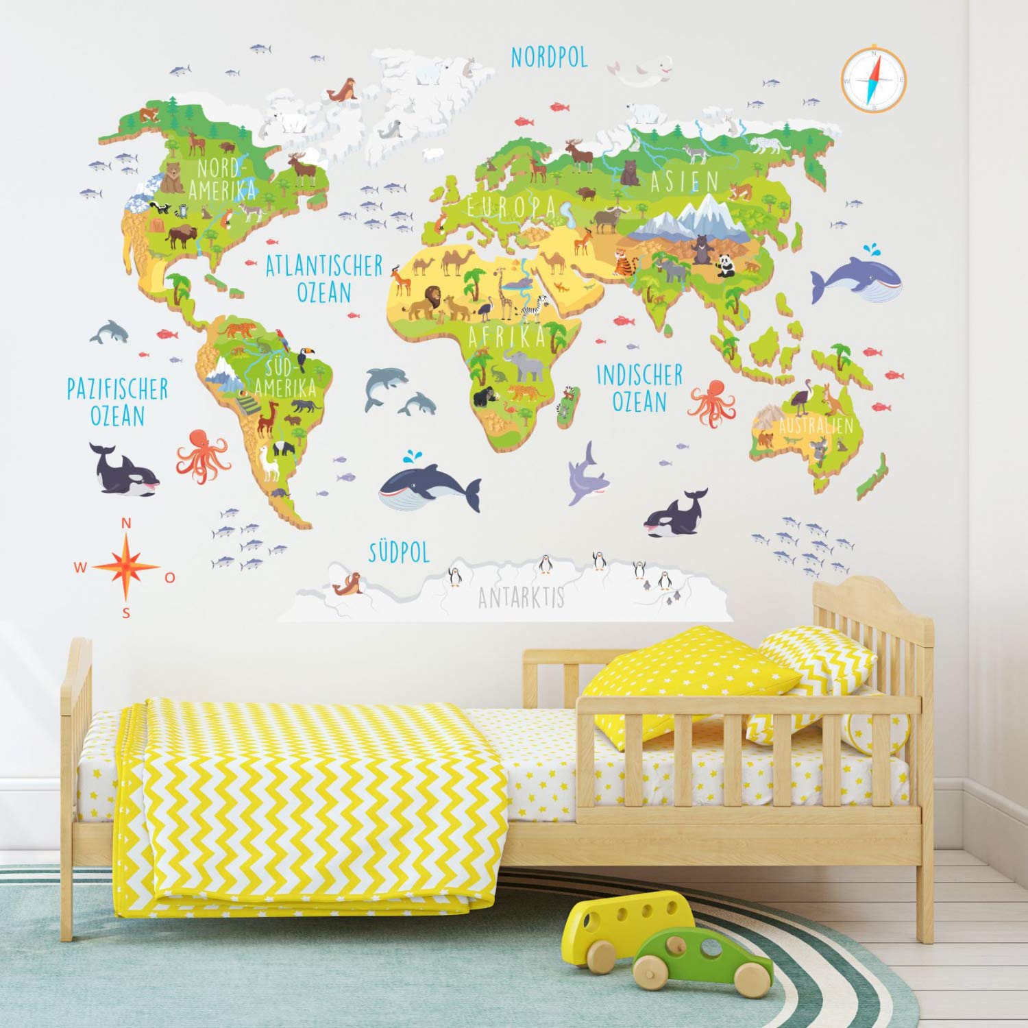 174 Wandtattoo Weltkarte mit Tieren 3D - Kinderzimmer Wanddeko Größe 1250 x 860 mm