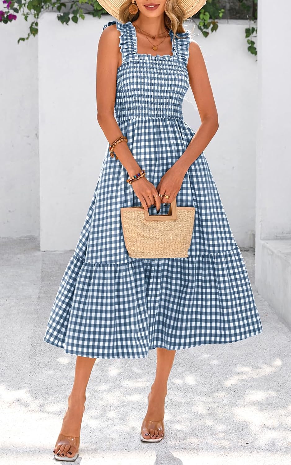 PRETTYGARDEN Womens Summer Dress Casual Square Neck Ruffle Strap Gingham Smocked Midi Flowy A Line Beach Vacation Sun Dresses - Image 5