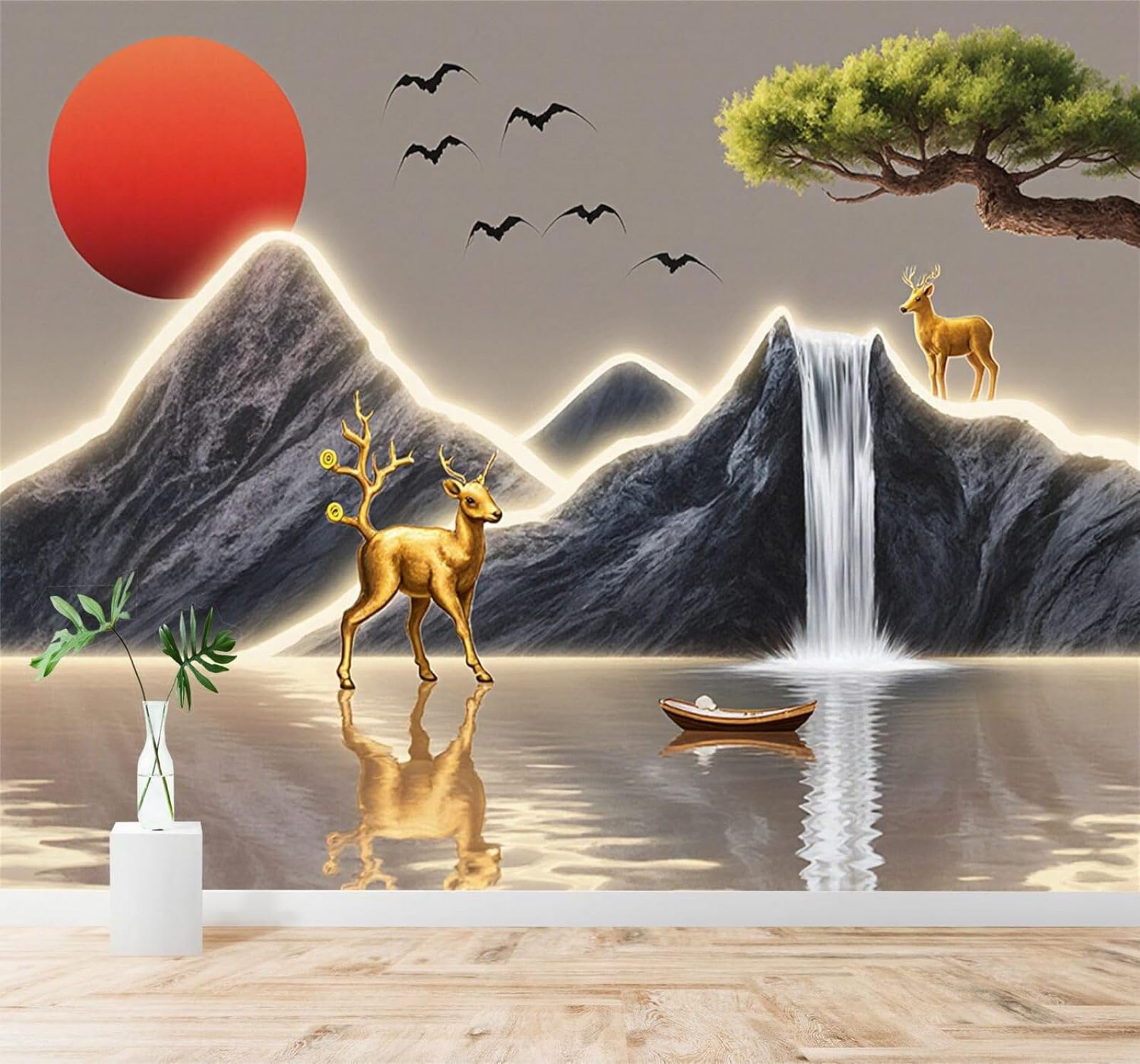 XLMING Golden Deer Mountains Waterfall Red Sun Reflection 3D Wallpaper Silky Texture Home Study Office Grey Dining Room Sofa Bedroom Living Room TV Backdrop-400cm×280cm