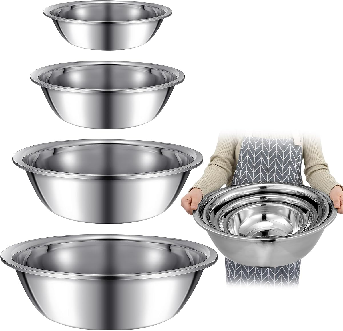 Juego de 4 tazones grandes para mezclar de acero inoxidable de 4, 8, 13 y 16 cuartos de galón, tazón extra grande de acero para mezclar en el hogar, cocina comercial, servir horneado, preparación de alimentos y ensaladas