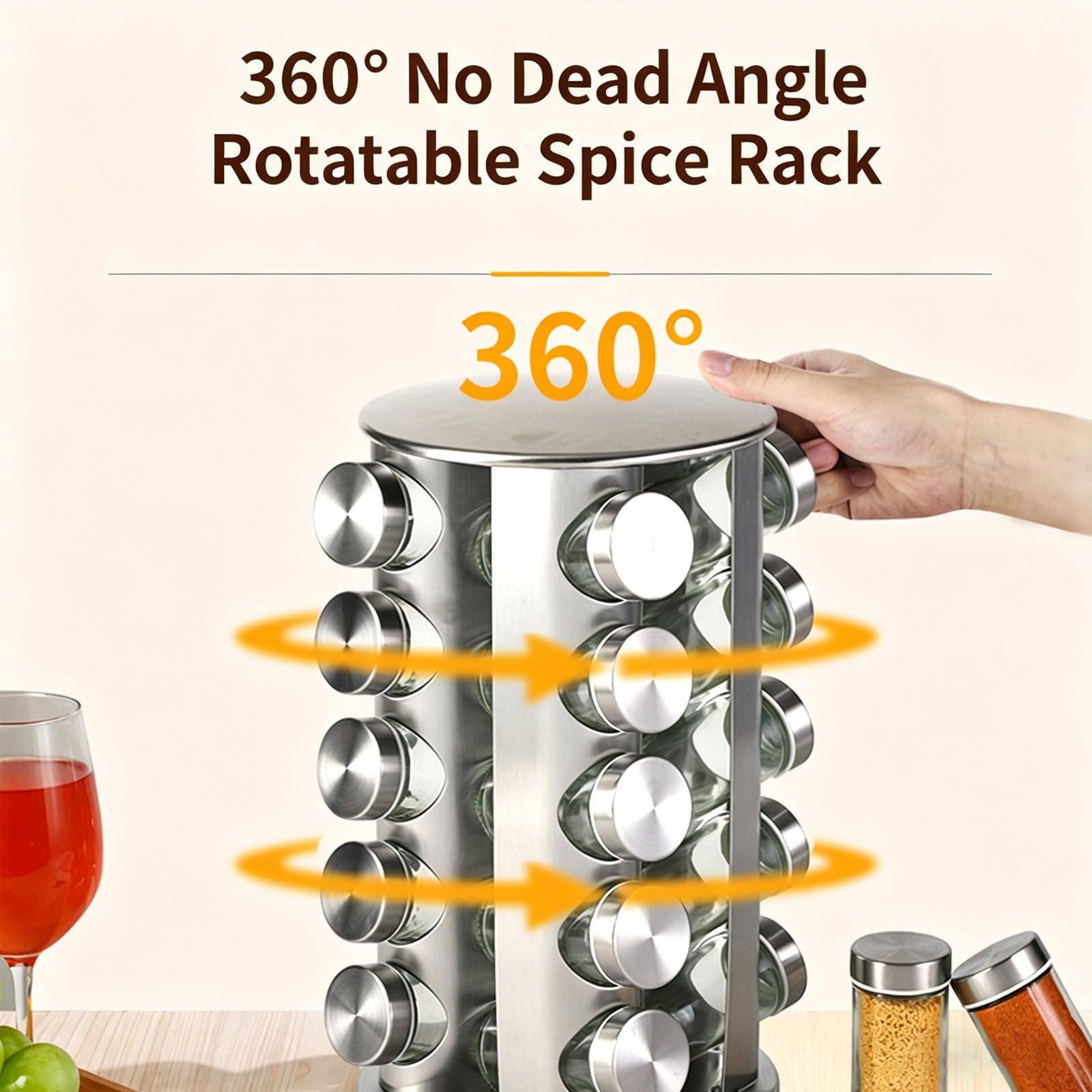 Especiero Giratorio for 20 Tarros, Organizador de Cocina de Encimera de Acero Inoxidable con Tarros de Especias Precargados, Tapas Negras, Diseño Inhibidor de Óxido(16 Jar)