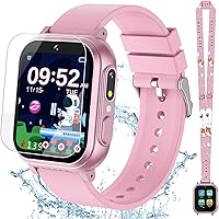 Dolwenqi Kids Waterproof Smart Watch Girls 3-12: 32 Games, Dual HD Cameras, Habit Tracker, Pedometer, Touchscreen - Pink Gift