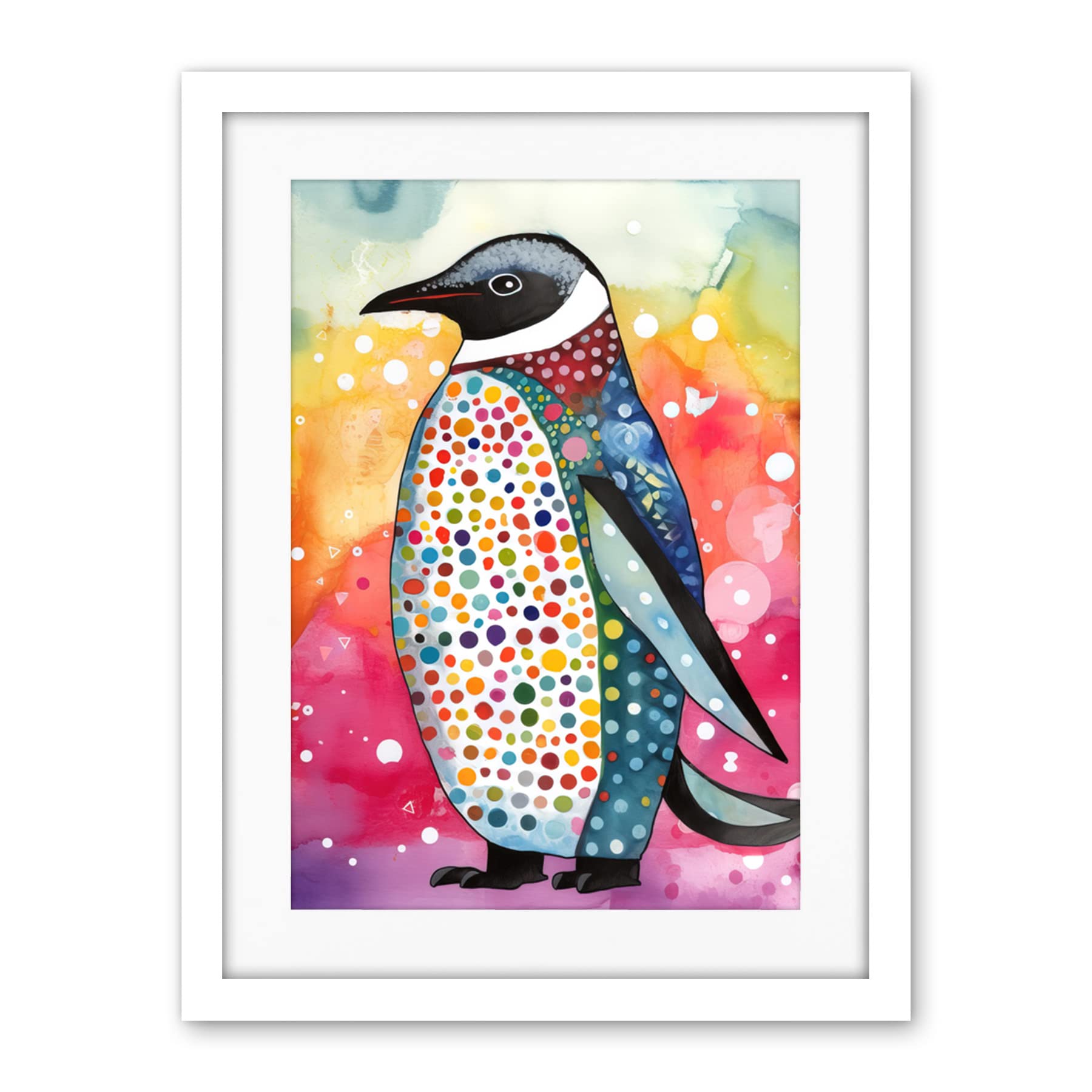 Artery8 Cute Multicoloured Spot Penguin Folk Art Artwork Framed Wall Art Print 18X24 Inch
