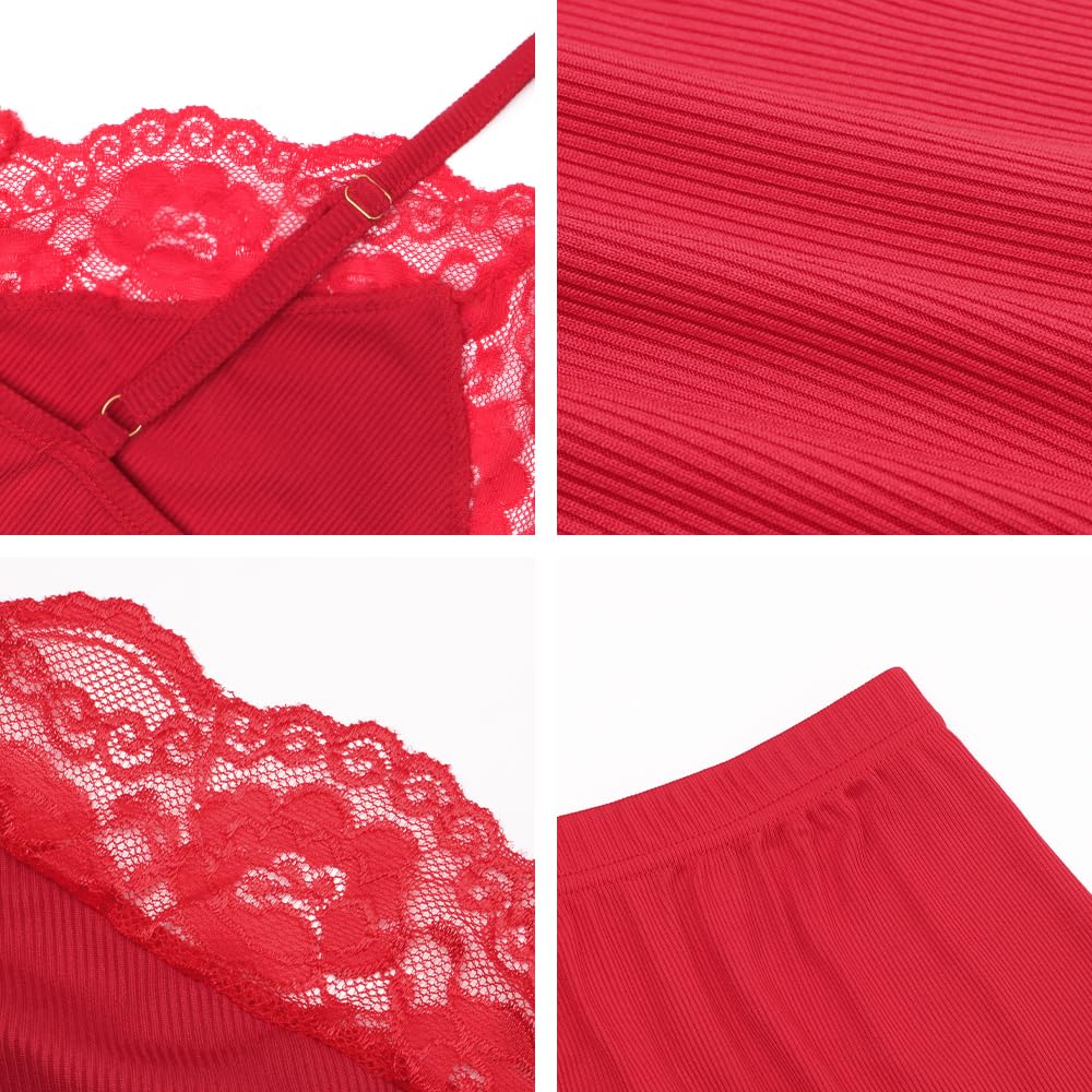 Ensemble Pyjama Sexy pour Femme avec Caraco et Short en Dentelle 2 pièces - Col en V Doux - Vêtements de Nuit - Détente d'été - Haut Caraco réglable - Vêtement de Nuit élastique pour la Maison -