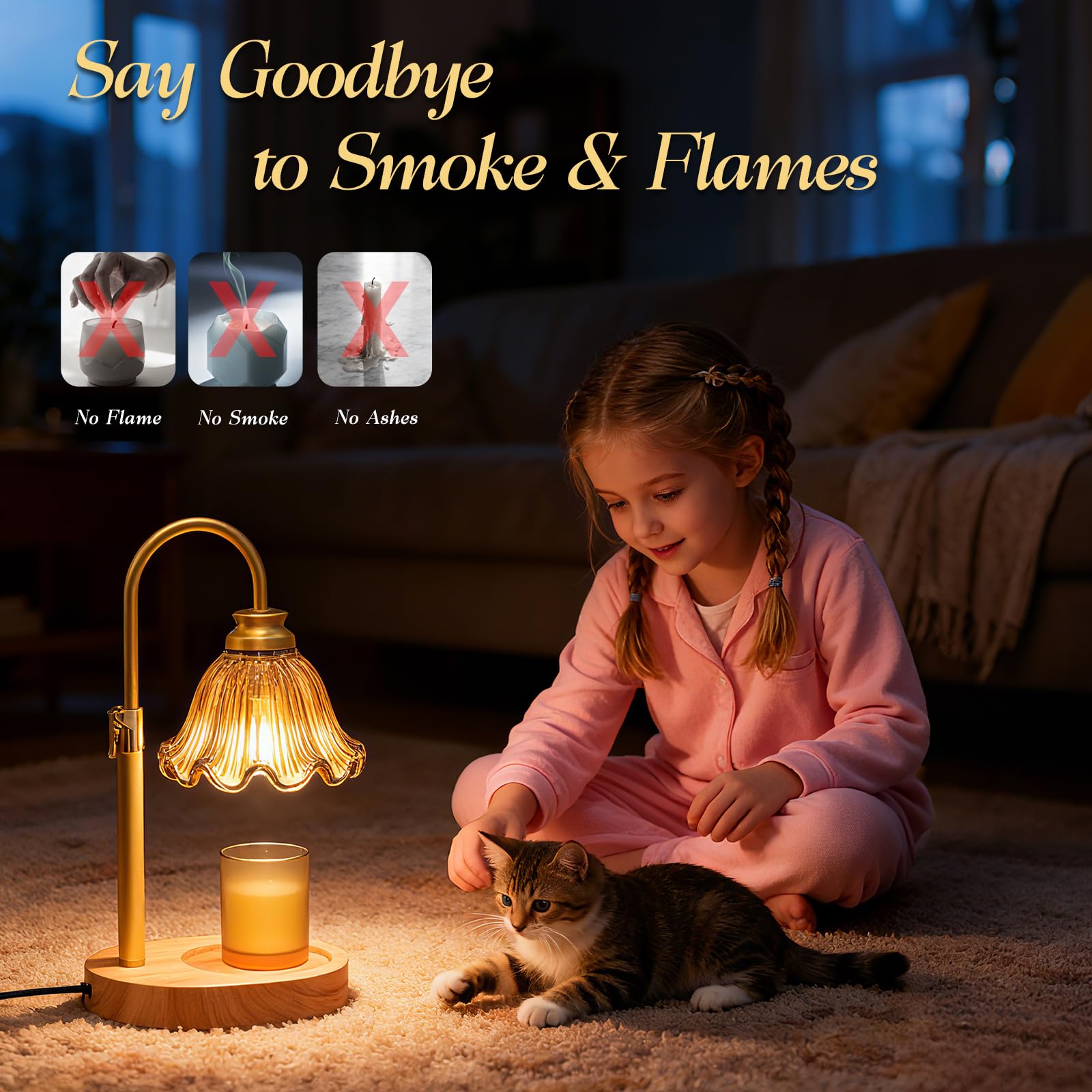 Lampada scalda candela con altezza regolabile, senza fiamma, dimmerabile a 4 livelli, con paralume in vetro colorato e base in legno, funzione timer e design elegante in diversi colori (marrone)