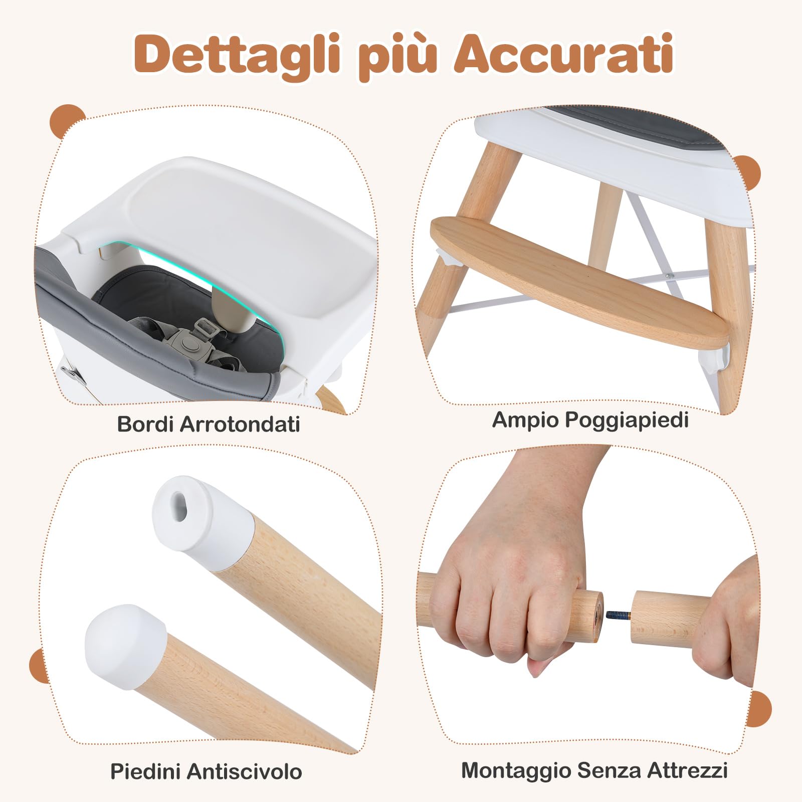 COSTWAY Seggiolone Pappa per Neonati, Seggiolone Evolutivo Convertibile con Vassoio Regolabile, Cuscino Rimovibile, Cintura di Sicurezza a 5 Punti, in Legno con per Bambini 6-36 Mesi