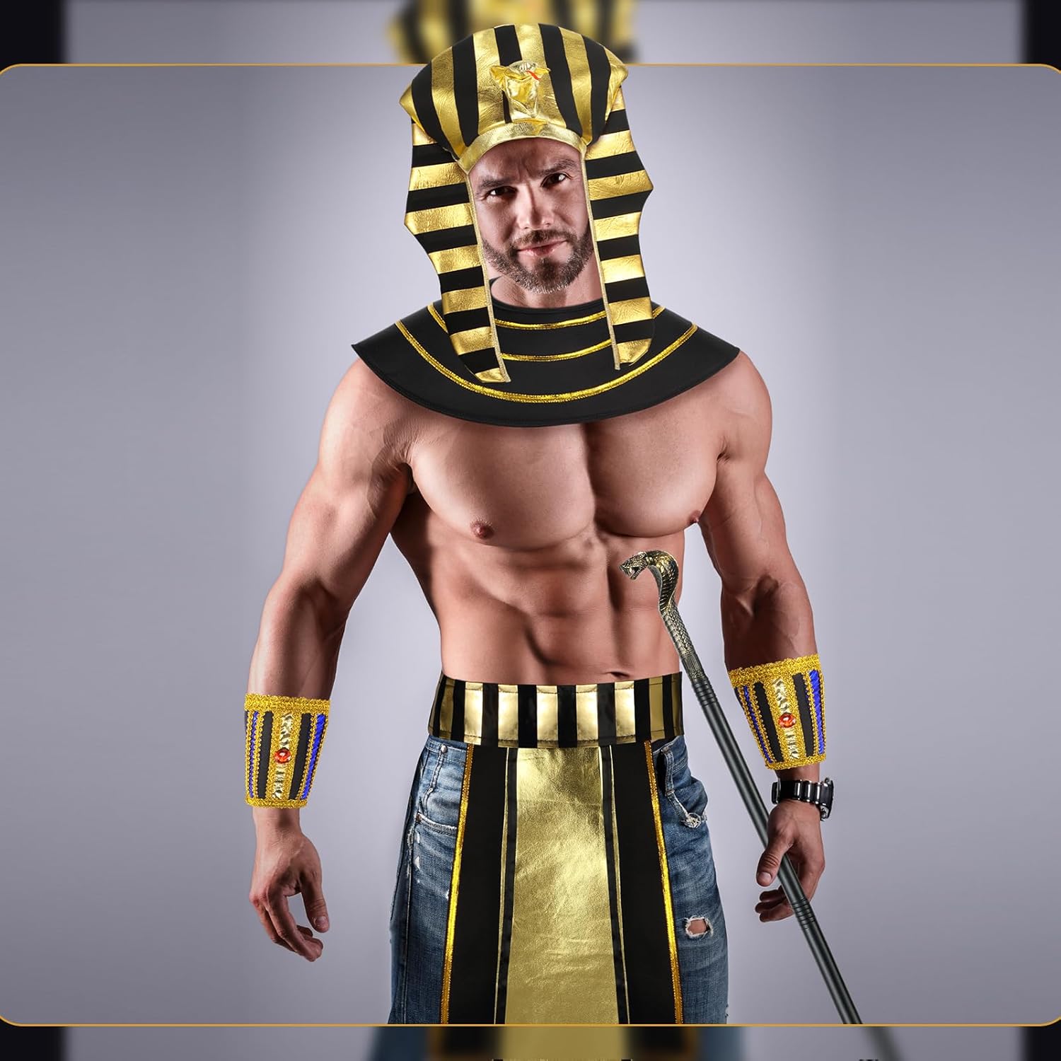 Geosar 5 Pcs Halloween Egyptian Costume Accessory Set Include Pharaoh Headpiece Hat Cobra Cane Belt Collar Wristbands for Men - Image 7