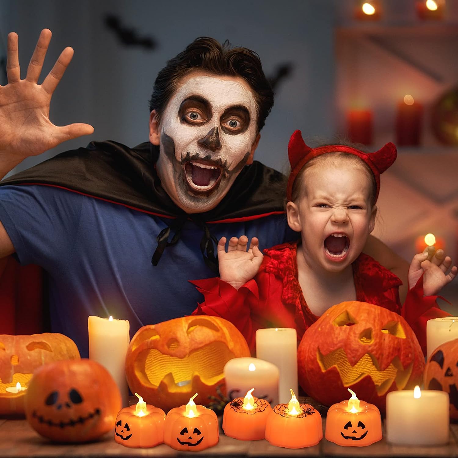 Litake Halloween Pumpkin Lights, LED 12 Packs Flickering Jack-O'-Lantern Tea Lights, Battery Operated Pumpkin Candles Light for Fall Festival Halloween Night Party Decor