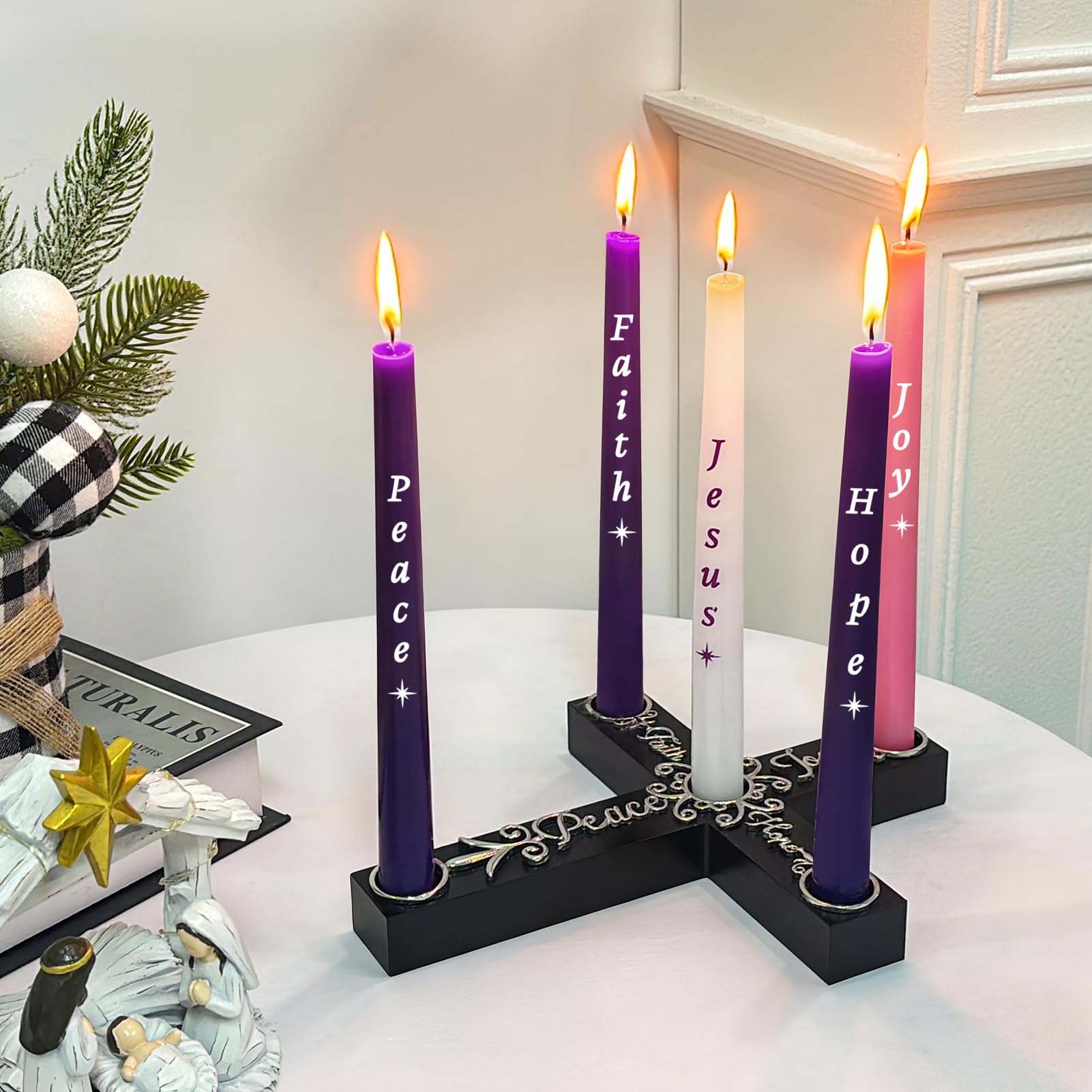 Set di 5 candele natalizie per l'avvento e per presepe, candele colorate con croce in legno e nodo celtico, regalo di Natale religioso per casa, chiesa, caminetto, centrotavola