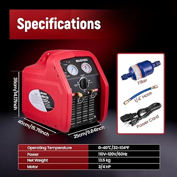 3/4HP Refrigerant Recovery Machine, 110-120V 60Hz Single Cylinder Portable AC Recovery Machine with High Pressure Protection, Portable Recycling Unit HVAC for Automotive/Household AC System