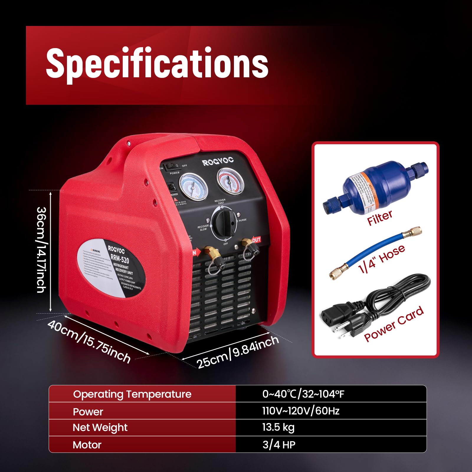 Máquina de recuperación de refrigerante de 3/4 HP, 110-120 V, 60 Hz, máquina portátil de recuperación de CA con protección de alta presión, unidad de reciclaje portátil HVAC para sistema de