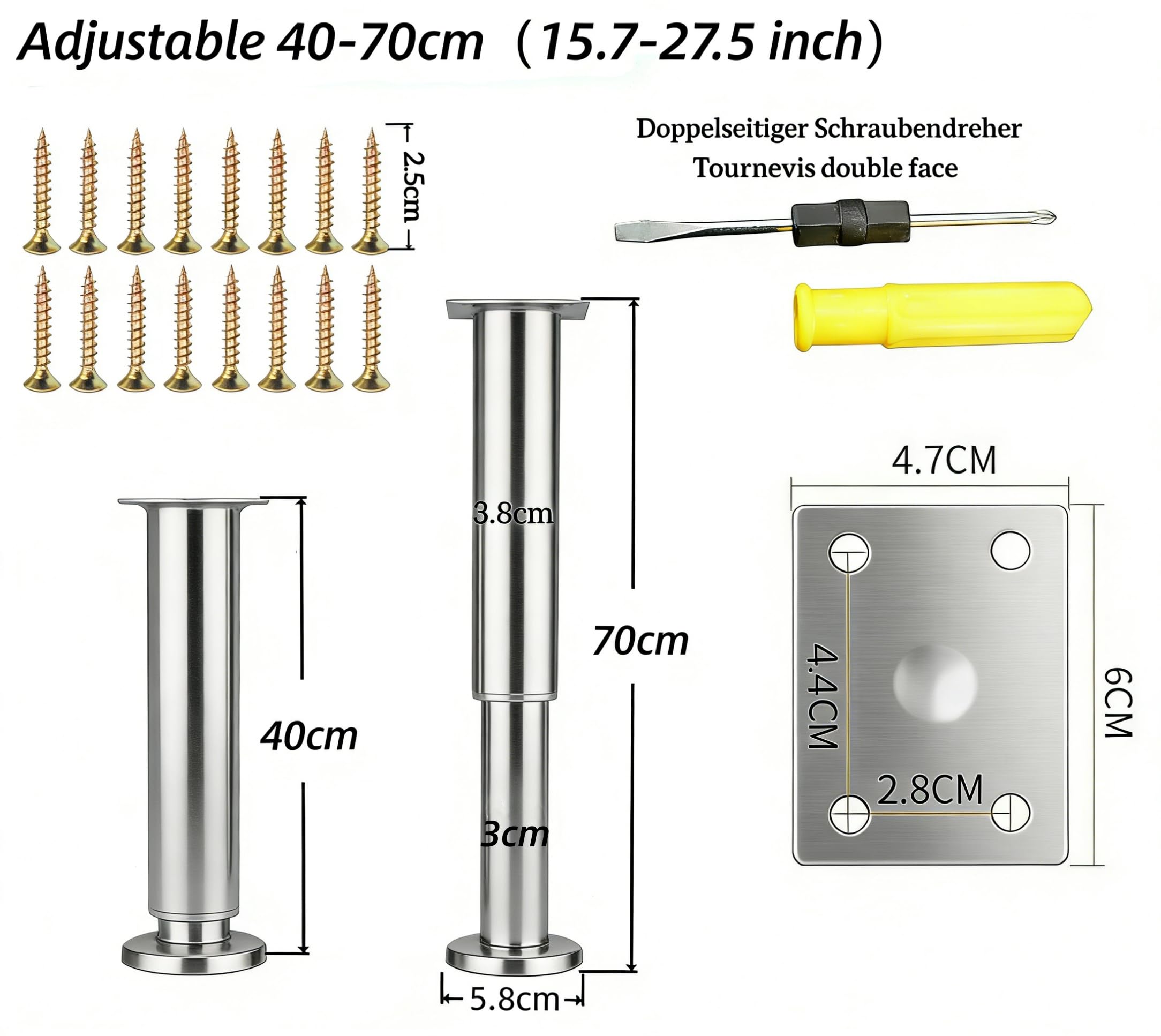 4 Patas Ajustables para Muebles Patas Metálicas de Altura Regulable y Antiarañazos para Armarios,Soportes de TV,Camas,Sofás y Muebles de Baño (Acero Inoxidable, 40-70 cm)